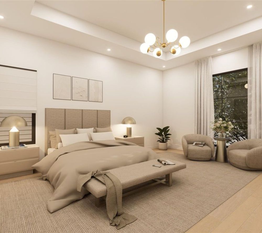 Thoughtfully designed with clean lines and elevated finishes, this kitchen-dining combo features custom flat-panel cabinetry, soft-close drawers, quartz countertops, and a spacious island with waterfall detail—bathed in natural light from oversized energy-efficient windows.